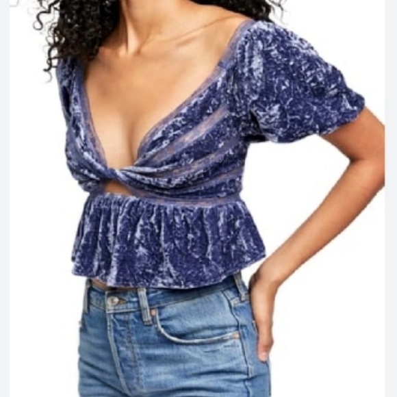 Free People | NWT Purple Wild Moon Yours Truly Velvet Lace Witchy Viscose Top M - Picture 3 of 9